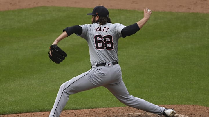 Detroit Tigers pitcher Jason Foley (68) throws a ninth inning pitch against the Baltimore Orioles at Oriole Park at Camden Yards on Sept 22. Detroit Tigers pitcher Jason Foley (68) throws a ninth inning pitch against the Baltimore Orioles at Oriole Park at Camden Yards on Sept 22.