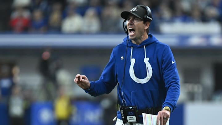 Nov 30, 2025; Indianapolis, Indiana, USA; Indianapolis Colts head coach Shane Steichen during the first half against the Houston Texans at Lucas Oil Stadium.