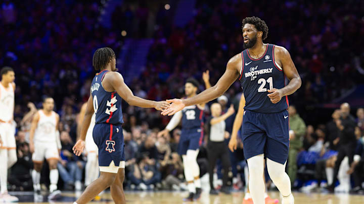 Jan 22, 2024; Philadelphia, Pennsylvania, USA; Philadelphia 76ers center Joel Embiid (21) reacts