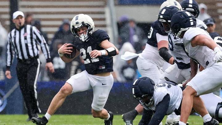 Penn State Nittany Lions running back Carson Hansen (21) runs with the ball during the Blue-White Spring practice at Beaver Stadium.