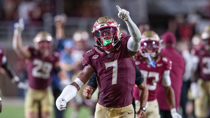 Florida State Seminoles defensive back Ashlynd Barker (7) celebrates a Florida State Seminoles first down. The SMU Mustangs defeated the Florida State Seminoles 27-24 at Doak Campbell Stadium after a game that kicked off on Monday, Sept. 7, 2026.