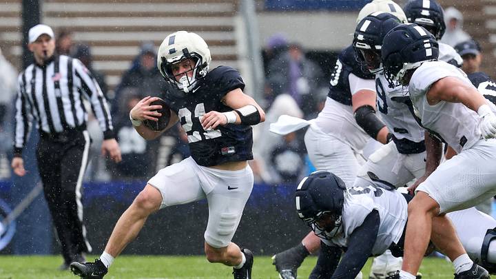 Penn State Nittany Lions running back Carson Hansen (21) runs with the ball during spring practice at Beaver Stadium. 