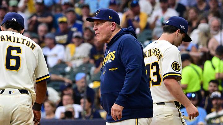 Oct 12, 2026; Milwaukee, Wisconsin, USA;  Milwaukee Brewers manager Pat Murphy relieves pitcher Logan Henderson (43) during the fifth inning against the Los Angeles Dodgers n game two of the NLCS for the 2026 MLB Playoffs at American Family Field.  Mandatory Credit: Benny Sieu-Imagn Images