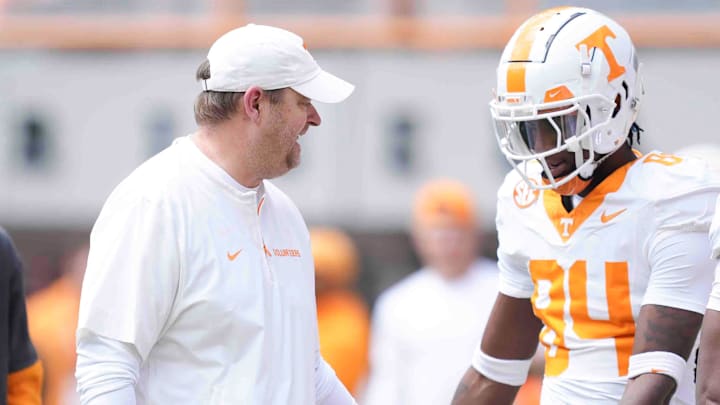 Tennessee head coach Josh Heupel greets players during warms up before the Orange & White spring game, Saturday, April 12, 2025.