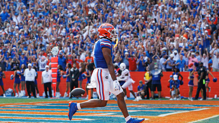 Oct 4, 2025; Gainesville, Florida, USA; Florida Gators wide receiver Dallas Wilson (6) celebrates after scoring a touchdown against the Texas Longhorns during the first half at Ben Hill Griffin Stadium. Mandatory Credit: Matt Pendleton-Imagn Images