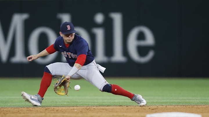 Sep 18, 2023; Arlington, Texas, USA; Boston Red Sox second baseman Luis Urias (17) fields a ground