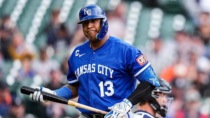 Kansas City Royals catcher Salvador Perez (13) reacts after strikeout against Detroit Tigers during the fourth inning at Comerica Park in Detroit on Thursday, April 16, 2026.