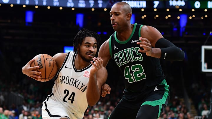 Nov 8, 2024; Boston, Massachusetts, USA; Brooklyn Nets guard Cam Thomas (24) controls the ball while Boston Celtics center Al Horford (42) defends during the first half at TD Garden. Mandatory Credit: Bob DeChiara-Imagn Images Nov 8, 2024; Boston, Massachusetts, USA; Brooklyn Nets guard Cam Thomas (24) controls the ball while Boston Celtics center Al Horford (42) defends during the first half at TD Garden. Mandatory Credit: Bob DeChiara-Imagn Images