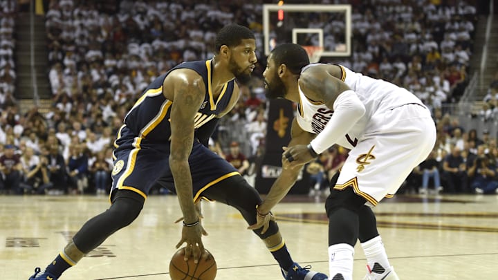 Apr 15, 2017; Cleveland, OH, USA; Indiana Pacers forward Paul George (13) dribbles against Cleveland
