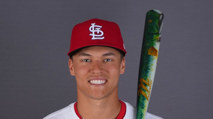 Feb 20, 2025; Jupiter, FL, USA;  St. Louis Cardinals infielder JJ Wetherholt (87). Mandatory Credit: Jim Rassol-Imagn Images