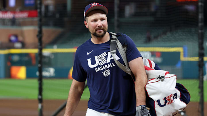 Mar 7, 2026; Houston, TX, United States; United States catcher Cal Raleigh (29) looks on during batting practice before the game against Great Britain at Daikin Park. Mandatory Credit: Troy Taormina-Imagn Images