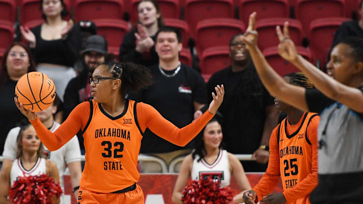 Oklahoma State's Stailee Heard reacts to a foul call in a Big 12 women's basketball game against Texas Tech on Saturday, Jan. 25, 2025, at United Supermarkets Arena.