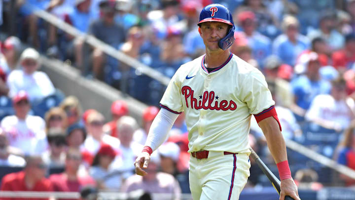 Jul 29, 2024; Philadelphia, Pennsylvania, USA; Philadelphia Phillies outfielder Austin Hays (9) against the Cleveland Guardians at Citizens Bank Park. Mandatory Credit: Eric Hartline-Imagn Images Jul 29, 2024; Philadelphia, Pennsylvania, USA; Philadelphia Phillies outfielder Austin Hays (9) against the Cleveland Guardians at Citizens Bank Park. Mandatory Credit: Eric Hartline-Imagn Images