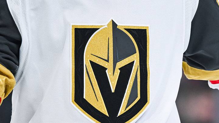 Nov 23, 2024; Montreal, Quebec, CAN; View of a Las Vegas Golden Knights logo on a jersey worn by a member of the team during the second period at Bell Centre. Mandatory Credit: David Kirouac-Imagn Images