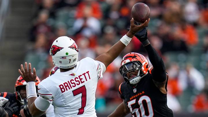 Cincinnati Bengals linebacker Shaka Heyward (50) pressures Arizona Cardinals quarterback Jacoby Brissett (7) as he throws in the fourth quarter of the NFL Week 17 game between the Cincinnati Bengals and the Arizona Cardinals at Paycor Stadium in Downtown Cincinnati on Sunday, Dec. 28, 2025. The Bengals won 37-14. Cincinnati Bengals linebacker Shaka Heyward (50) pressures Arizona Cardinals quarterback Jacoby Brissett (7) as he throws in the fourth quarter of the NFL Week 17 game between the Cincinnati Bengals and the Arizona Cardinals at Paycor Stadium in Downtown Cincinnati on Sunday, Dec. 28, 2025. The Bengals won 37-14.