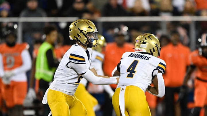 Quarterback Andrew Indorf hands off to Cedric Wyche II (4) in the Raiders' state championship game.