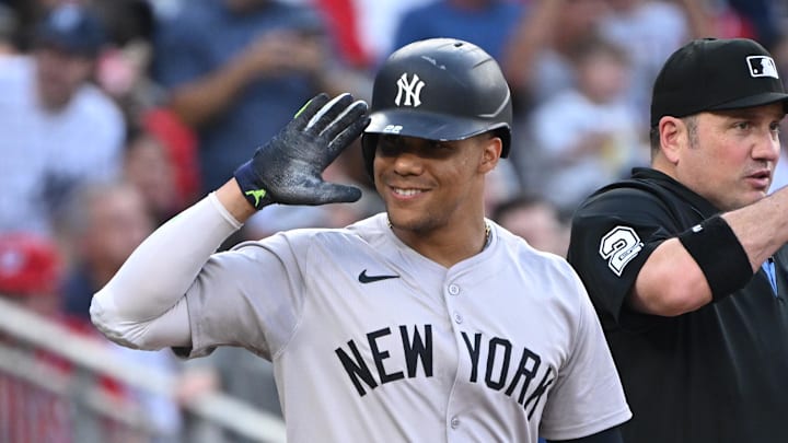 Aug 26, 2024; Washington, District of Columbia, USA; New York Yankees right fielder Juan Soto (22) salutes the Washington Nationals bench before an at bat during the first inning at Nationals Park. Mandatory Credit: Rafael Suanes-Imagn Images