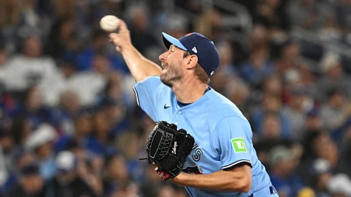 Mar 31, 2026; Toronto, Ontario, CAN;  Toronto Blue Jays starting pitcher Max Scherzer (31) delivers a pitch against the Colorado Rockies in the first inning at Rogers Centre. Mandatory Credit: Dan Hamilton-Imagn Images