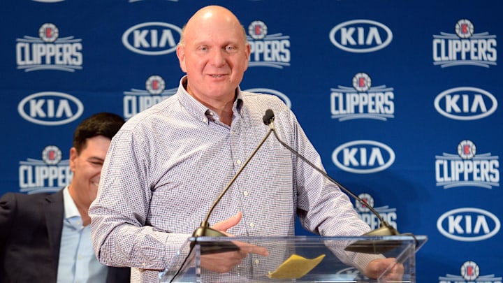 July 24, 2019; Los Angeles, CA, USA; Los Angeles Clippers owner Steve Ballmer speaks before introducing newly signed players Paul George and Kawhi Leonard at Green Meadows Recreation Center. Mandatory Credit: Gary A. Vasquez-Imagn Images July 24, 2019; Los Angeles, CA, USA; Los Angeles Clippers owner Steve Ballmer speaks before introducing newly signed players Paul George and Kawhi Leonard at Green Meadows Recreation Center. Mandatory Credit: Gary A. Vasquez-Imagn Images