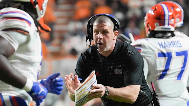 Oct 12, 2024; Knoxville, Tennessee, USA; Florida Gators head coach Billy Napier reacts during a game against the Tennessee Volunteers at Neyland Stadium. Mandatory Credit: Brianna Paciorka/USA TODAY Network via Imagn Images