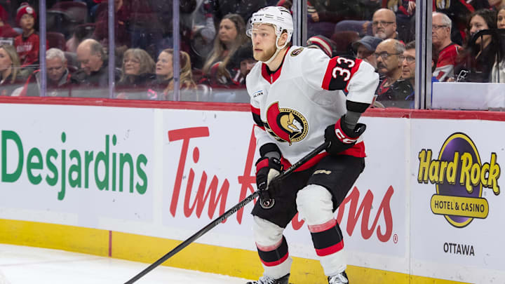 Jan 9, 2025; Ottawa, Ontario, CAN; Ottawa Senators defenseman Nikolas Matinpalo (33) controls the puck in the second period against the Buffalo Sabres at the Canadian Tire Centre. Mandatory Credit: Marc DesRosiers-Imagn Images