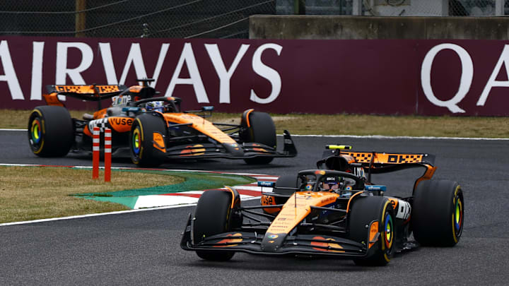 [US, Mexico & Canada customers only] April 6, 2025; Suzuka, JAPAN; Lando Norris leads Oscar Pastry in the F1 Japanese Grand Prix at Suzuka Circuit. Mandatory Credit: Manami Yamada/Reuters via Imagn Images