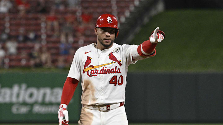 Sep 15, 2025; St. Louis, Missouri, USA; St. Louis Cardinals first baseman Willson Contreras (40) celebrates after hitting a RBI single against the Cincinnati Reds in the sixth inning at Busch Stadium. Mandatory Credit: Joe Puetz-Imagn Images Sep 15, 2025; St. Louis, Missouri, USA; St. Louis Cardinals first baseman Willson Contreras (40) celebrates after hitting a RBI single against the Cincinnati Reds in the sixth inning at Busch Stadium. Mandatory Credit: Joe Puetz-Imagn Images