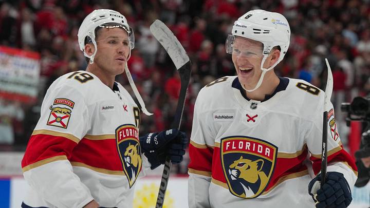 Sep 29, 2026; Raleigh, North Carolina, USA; Florida Panthers left wing Matthew Tkachuk (19) and left wing Brady Tkachuk (8) celebrate after defeating the Carolina Hurricanes in overtime at Lenovo Center. Mandatory Credit: James Guillory-Imagn Images Sep 29, 2026; Raleigh, North Carolina, USA; Florida Panthers left wing Matthew Tkachuk (19) and left wing Brady Tkachuk (8) celebrate after defeating the Carolina Hurricanes in overtime at Lenovo Center. Mandatory Credit: James Guillory-Imagn Images