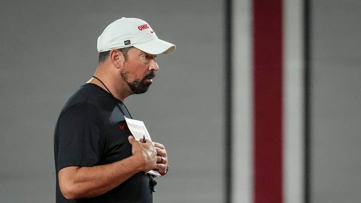 Ohio State Buckeyes head coach Ryan Day watches during football training camp inside the Woody Hayes Athletic Center in Columbus on Aug. 7, 2026. Ohio State Buckeyes head coach Ryan Day watches during football training camp inside the Woody Hayes Athletic Center in Columbus on Aug. 7, 2026.