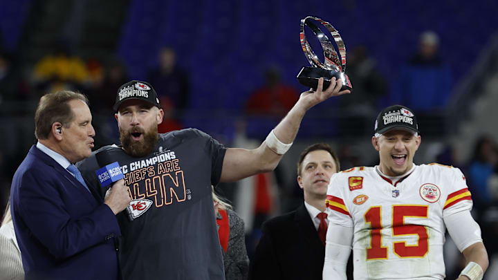 Jan 28, 2024; Baltimore, Maryland, USA; Kansas City Chiefs tight end Travis Kelce (M) celebrates