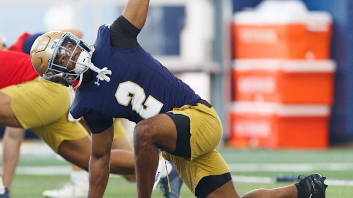 Notre Dame wide receiver Will Pauling warms up during a football practice at Irish Athletic Center on Thursday, July 31, 2025, in South Bend.