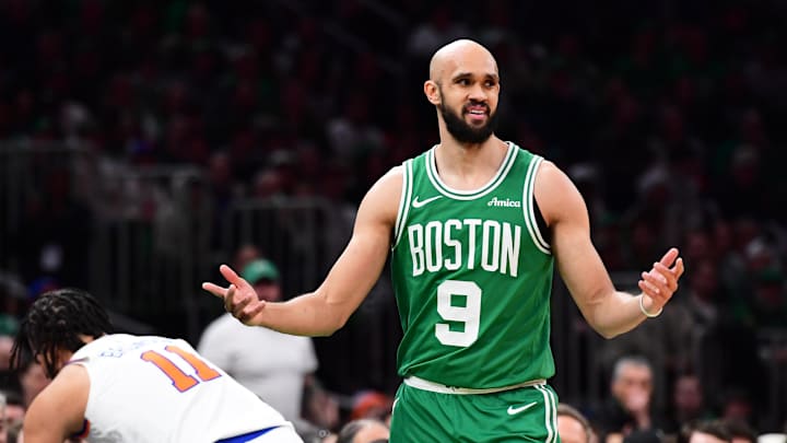Feb 23, 2025; Boston, Massachusetts, USA; Boston Celtics guard Derrick White (9) reacts after a turnover during the first half against the New York Knicks at TD Garden. Mandatory Credit: Bob DeChiara-Imagn Images Feb 23, 2025; Boston, Massachusetts, USA; Boston Celtics guard Derrick White (9) reacts after a turnover during the first half against the New York Knicks at TD Garden. Mandatory Credit: Bob DeChiara-Imagn Images