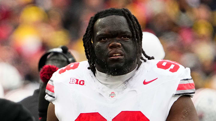 Ohio State Buckeyes defensive tackle Kayden McDonald (98) watches from the sideline during the NCAA football game against the Michigan Wolverines at Michigan Stadium in Ann Arbor, Mich. on Nov. 29, 2025. Ohio State won 27-9.
