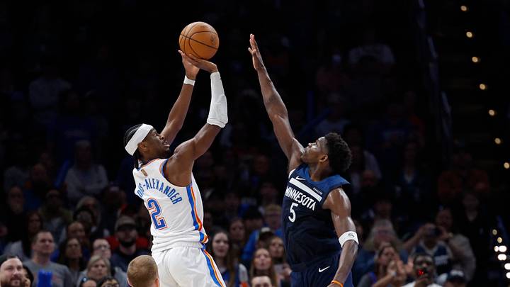 Mar 15, 2026; Oklahoma City, Oklahoma, USA; Oklahoma City Thunder guard Shai Gilgeous-Alexander (2) shoots over Minnesota Timberwolves guard Anthony Edwards (5) during the second half at Paycom Center. Mandatory Credit: Alonzo Adams-Imagn Images Mar 15, 2026; Oklahoma City, Oklahoma, USA; Oklahoma City Thunder guard Shai Gilgeous-Alexander (2) shoots over Minnesota Timberwolves guard Anthony Edwards (5) during the second half at Paycom Center. Mandatory Credit: Alonzo Adams-Imagn Images