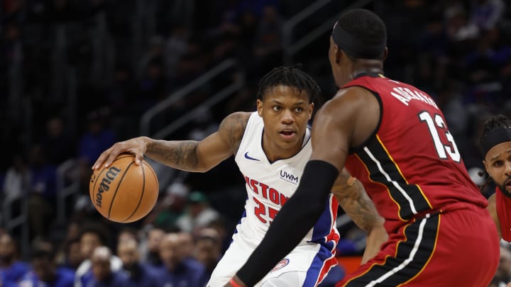 Mar 17, 2024; Detroit, Michigan, USA; Detroit Pistons guard Marcus Sasser (25) dribbles defended by Miami Heat center Bam Adebayo (13) in the second half at Little Caesars Arena. Mandatory Credit: Rick Osentoski-USA TODAY Sports Mar 17, 2024; Detroit, Michigan, USA; Detroit Pistons guard Marcus Sasser (25) dribbles defended by Miami Heat center Bam Adebayo (13) in the second half at Little Caesars Arena. Mandatory Credit: Rick Osentoski-USA TODAY Sports