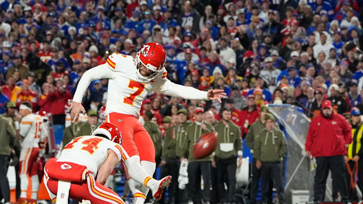 Nov 2, 2025; Orchard Park, New York, USA; Kansas City Chiefs kicker Harrison Butker (7) kicks the ball in the second quarter against the Buffalo Bills at Highmark Stadium. Mandatory Credit: Gregory Fisher-Imagn Images