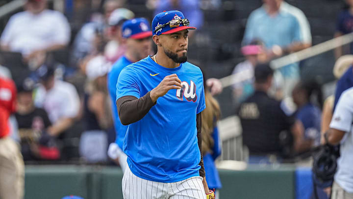 National League pitcher Robert Suarez (75) of the San Diego Padres on the field during workouts for the 2025 MLB All Star Game at Truist Park on July 14.