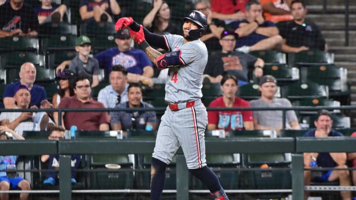 Jun 27, 2024; Phoenix, Arizona, USA; Minnesota Twins shortstop Carlos Correa (4) reacts after being hit by a pitch in the seventh inning against the Arizona Diamondbacks at Chase Field. Mandatory Credit: Matt Kartozian-USA TODAY Sports Jun 27, 2024; Phoenix, Arizona, USA; Minnesota Twins shortstop Carlos Correa (4) reacts after being hit by a pitch in the seventh inning against the Arizona Diamondbacks at Chase Field. Mandatory Credit: Matt Kartozian-USA TODAY Sports