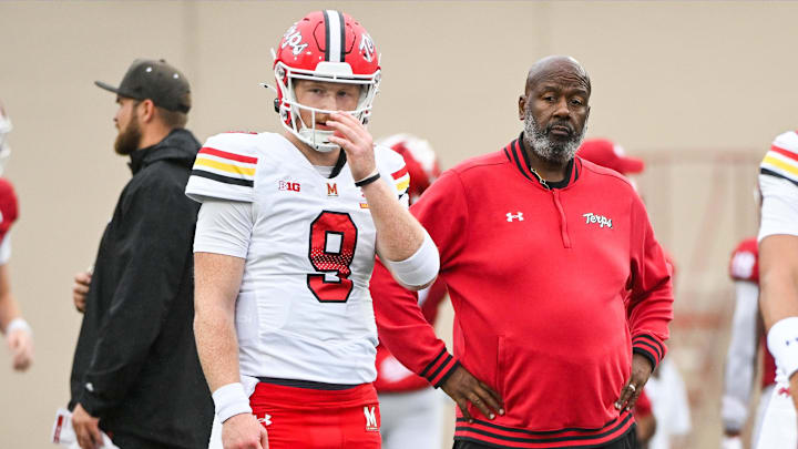 Maryland Terrapins quarterback Billy Edwards Jr. (9) and head coach Mike Locksley. Mandatory Credit: Robert Goddin-Imagn Images