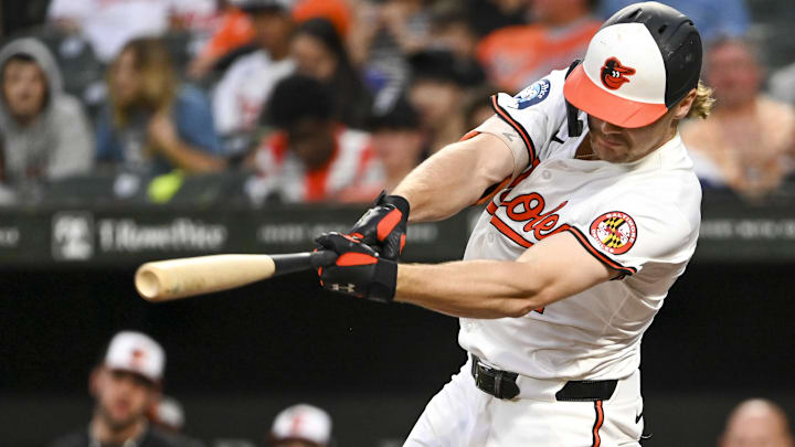 Sep 4, 2024; Baltimore, Maryland, USA;  Baltimore Orioles shortstop Gunnar Henderson hits a single against the White Sox.