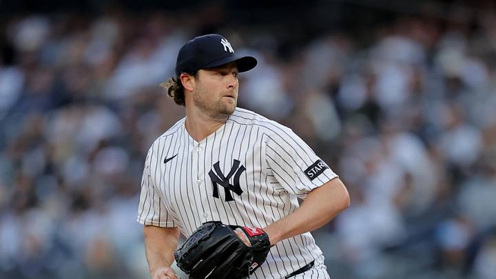 New York Yankees starting pitcher Gerrit Cole (45) pitches against the Tampa Bay Rays during the first inning at Yankee Stadium.