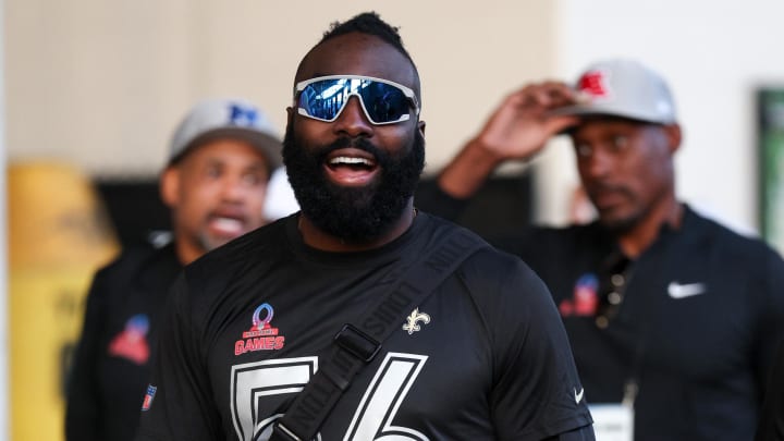Feb 1, 2024; Orlando, FL, USA;  New Orleans Saints linebacker Demario Davis (56) arrives for the NFL Pro Bowl Skills Competition at the UCF NIcholson Fieldhouse. Mandatory Credit: Nathan Ray Seebeck-USA TODAY Sports