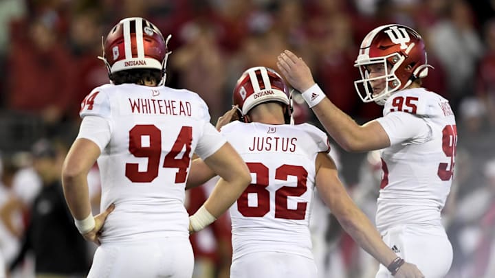 Jan 2, 2020; Jacksonville, Florida, USA; Indiana Hoosiers place kicker Logan Justus (82) is consoled by teammate long snapper Sean Wracher (95) after missing the go ahead field goal during the fourth quarter against the Tennessee Volunteers at TIAA Bank Field. Mandatory Credit: Douglas DeFelice-Imagn Images