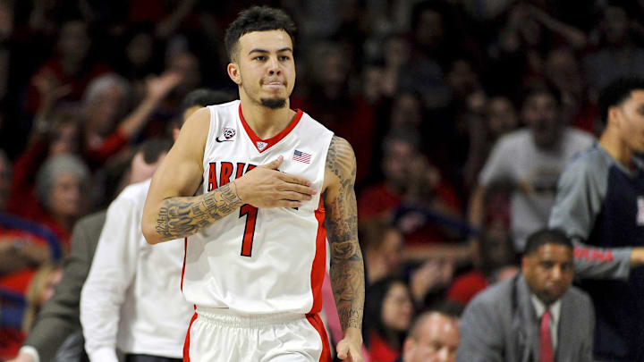 Mar 3, 2016; Tucson, AZ, USA; Arizona Wildcats guard Gabe York (1) celebrates after scoring against the California Golden Bears during the second half at McKale Center. Arizona won 64-61. Mandatory Credit: Casey Sapio-Imagn Images