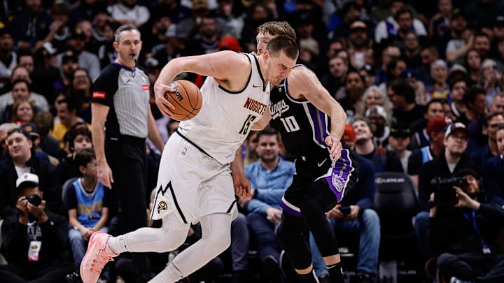Feb 28, 2024; Denver, Colorado, USA; Denver Nuggets center Nikola Jokic (15) controls the ball 
