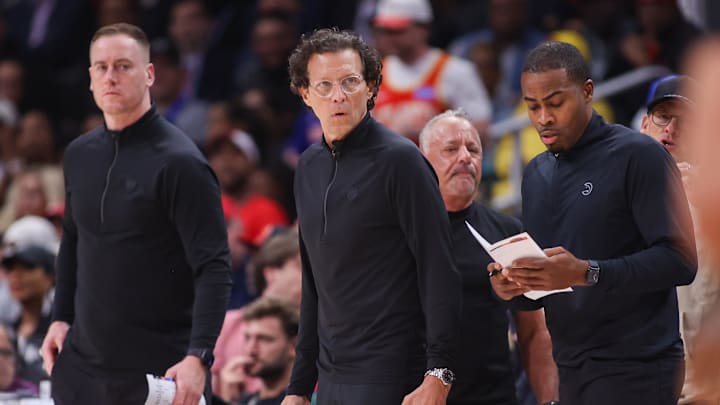 Apr 30, 2026; Atlanta, Georgia, USA; Atlanta Hawks head coach Quin Snyder reacts after receiving a technical foul against the New York Knicks in the second quarter during game six of the first round of the 2026 NBA Playoffs at State Farm Arena. Mandatory Credit: Brett Davis-Imagn Images
