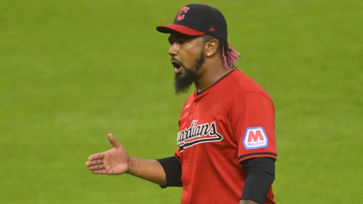 Jul 24, 2024; Cleveland, Ohio, USA; Cleveland Guardians relief pitcher Emmanuel Clase (48) celebrates a win over the Detroit Tigers at Progressive Field. Mandatory Credit: David Richard-USA TODAY Sports