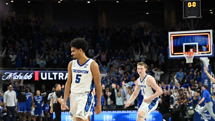 Creighton Bluejays guard Nik Graves (5) and guard Josh Dix (4) react after the win against the Seton Hall Pirates at CHI Health Center Omaha. 