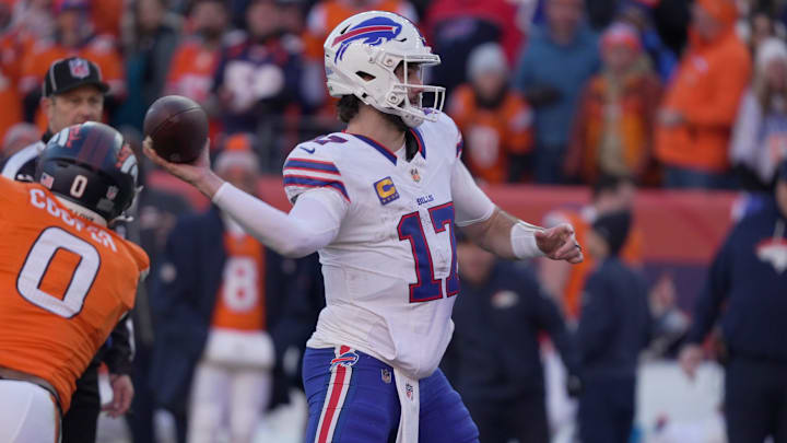 Buffalo Bills quarterback Josh Allen throws a pass during first half action at Empower FIeld at Mile High in Denver, Colorado on Jan. 17, 2026.