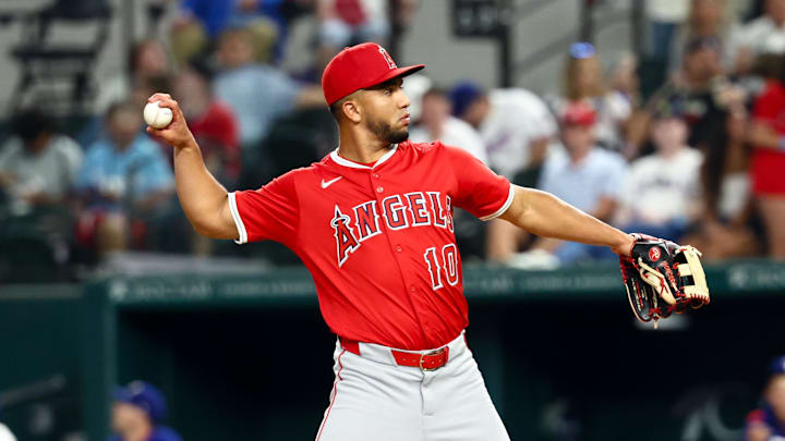 Aug 27, 2025; Arlington, Texas, USA;  Los Angeles Angels first baseman Oswald Peraza (10) comes in to pitch during the seventh inning against the Texas Rangers at Globe Life Field. Mandatory Credit: Kevin Jairaj-Imagn Images